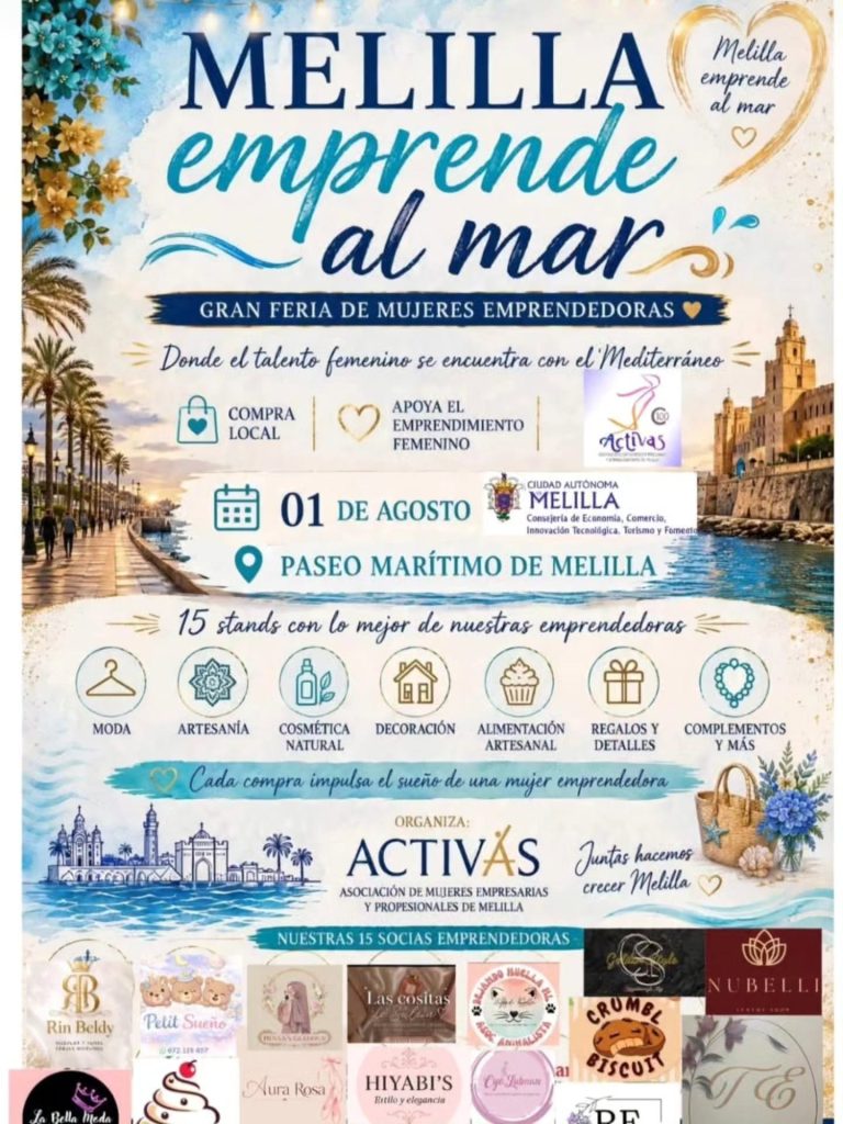Cartel de la primera jornada de Melilla Emprende al Mar, celebrada el 1 de agosto de 2026 en el Paseo Marítimo de Melilla.